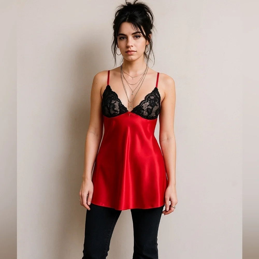 Y2k Vintage Shirley of Hollywood Chemise Sz Medium Red Satin Black Lace Nightie